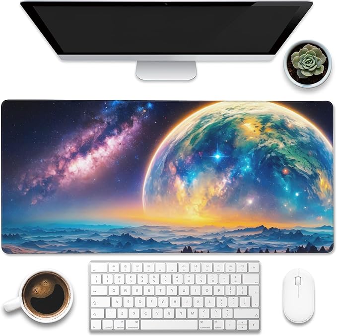 Desk Mat,Galaxy Earth Planet Desk Pad,Science Fiction Cosmic Large Gaming Mouse Pad for Desk,Extended Big Computer Keyboard Mouse Pad with Non-Slip Base and Stitched Edge,35.4"x15.7"