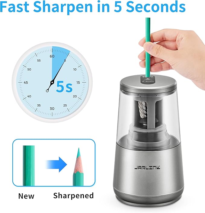 JARLINK Electric Pencil Sharpener, Heavy-Duty Helical Blade to Fast Sharpen, Auto Stop for No.2/Colored Pencils(6-8mm), AC Adapter/Battery Operated in School Classroom/Office/Home (Gray)