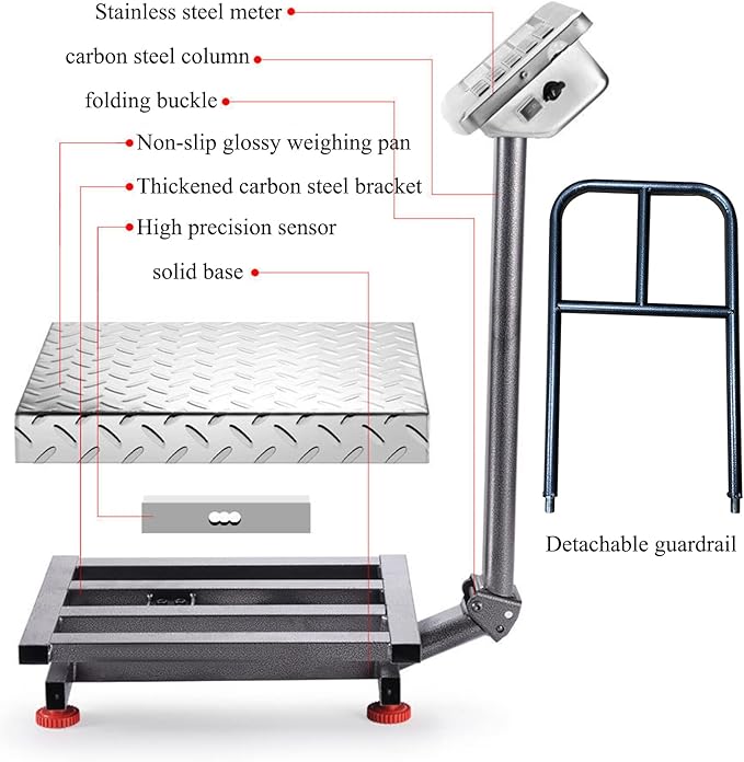 660lb Floor Industrial Platform Scale with Removable Guardrail Digital Scale with Accurate LB/KG High-Definition Displa Foldable for Weighing Luggage Package Shipping Double Sided Display