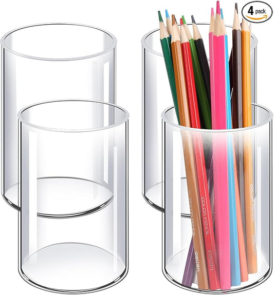 Acrylic Pen Holder 4 Pack, Acrylic makeup brush holder, Clear Pen Cup, Acrylic Cylinder Perfect for Desk organizer, Cylinder