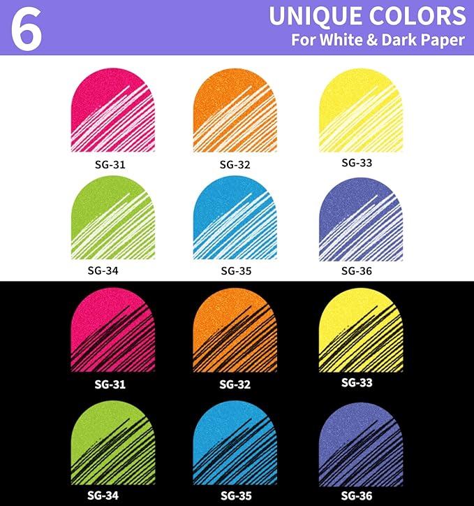 Glitter Gel Pens, 6 Pack Colored Pens for Black Paper & White Paper, 1.0mm Point Pens, Large Capacity Ink Pens for Coloring, Writing, Drawing, Journaling, Note Taking, School, Office, Home