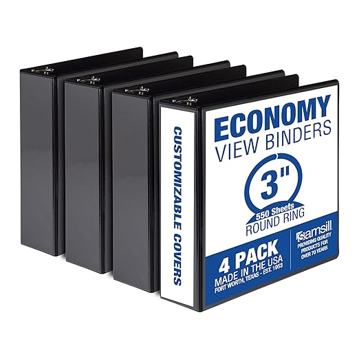 Samsill 3 Inch 3 Ring Binders, Made in USA, Economy Round Ring, Clear View Cover, 550 Sheet Capacity - for School, Home, Office - Black, 4 Pack