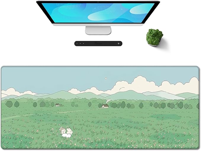 Galdas Gaming Mouse Pad XXL XL Large Long Extended Big Mousepad Non-Slip Rubber Keyboard Mouse Pad with Stitched Edges for Laptop Home Office (31.5x11.8x0.08 Inch) … (Clouds and Green)