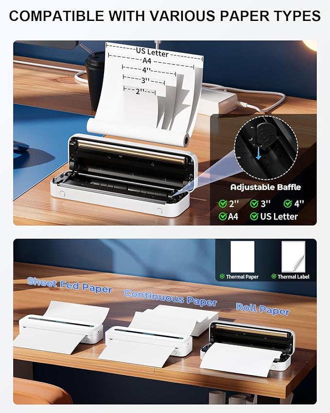 COLORWING M832 Portable Printers Wireless for Travel, 300DPI Mini Compact Inkless Printer, Thermal Bluetooth Printer Compatible with Android and iOS Smartphone & Tablet & Laptop - White