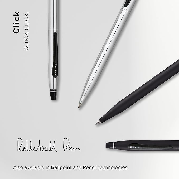 Cross Click Refillable Rollerball Pen Presented in a Everyday Gift Box -Medium Point, Black Ink, Chrome & Black