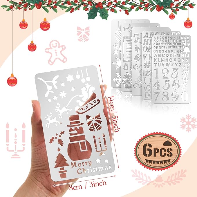 Lewtemi 6 Pcs Christmas Metal Stencils Engraving Stencils for Wood Burning Reusable Wood Burning Templates for Wooden Carving Drawing Engraving Scrapbook Journal Craft Holiday DIY (Christmas Style)