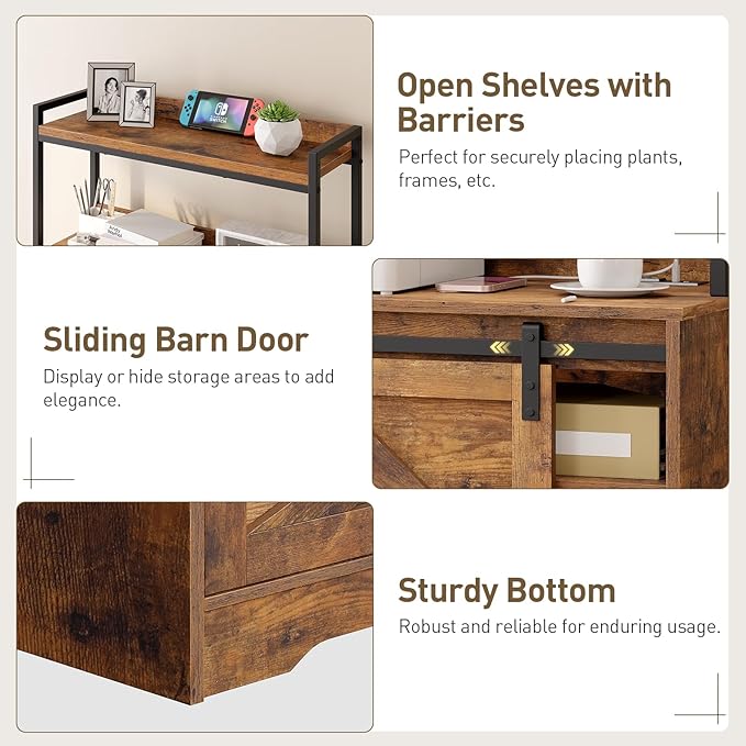 File Cabinet with Charging Station, Vertical Filing Cabinet with Shelves, File Cabinet for Home Office, Printer Stand with Storage Shelves & Barn Doors, Fits A4/Letter Files, Rustic