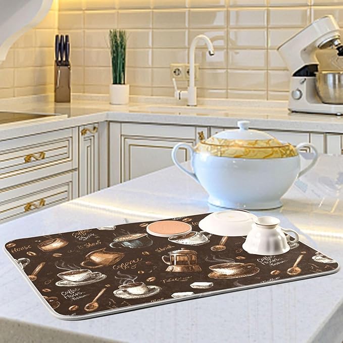 Coffee Beans Dish Drying Mat for Kitchen Counter 16 x 18 Inch Absorbent Microfiber Dry Dishes Mats Drainer Mat Dish Drying Pad for Countertops