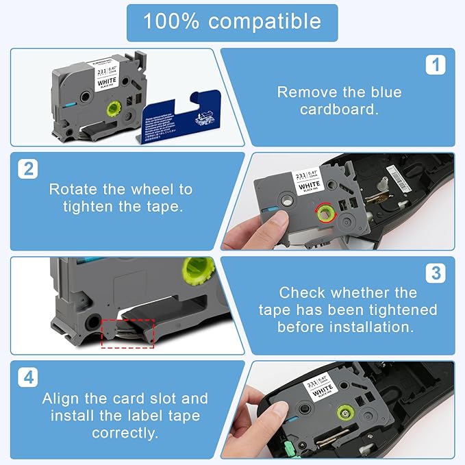 Tze 12mm 0.47" Laminated White Tz Tape Tz-231 Compatible for Brother Tze-231 Ptouch 1/2 Label Tape Tz231 for P Touch PTH100 PTD220 PTH111 PTD210 PT1290 PTD400 PTD600 PTD410 Label Maker, 4 Pack