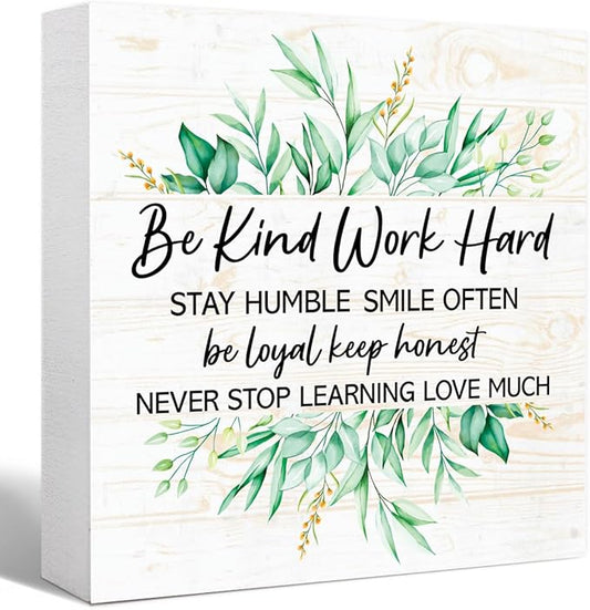Be Kind Sign Humble and Kind Decorative Signs & Plaques, Motivational Quote Wooden Block Sign for Home Office Tabletop Shelf Decor 5" x 5",Positive Quotes Desk Decor Accessories for Women