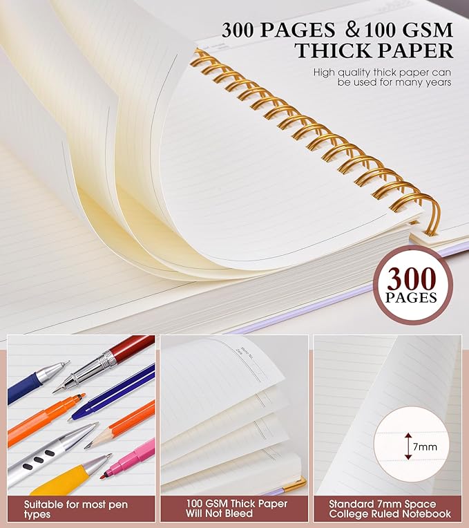 Spiral Notebook Journal 7.6” x 10”, 300 Pages Hardcover Leather Lined Journals for Women Men, B5 Large College Ruled Notebooks with 100 GSM Thick Paper, Spiral Journal for Writing Work, Purple