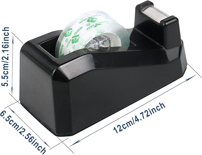 BOMEI PACK Tape Dispensers Desk, 1 Pack Black with 12Rolls Transparent Tape, 1 Inch Core, for Gift Wrapping, School, Office and Home