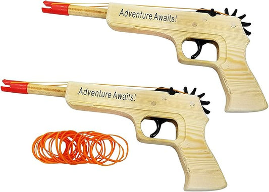 Adventure Awaits - 2-Pack Rubber Band Gun - Quality Wood & Handmade w/Orange Safety Tip - Easy Load - 20 Rubber Bands per Set