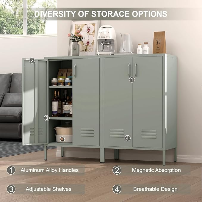 Metal Cabinet,Entryway Cabinet with Adjustable Shelves,Metal Storage Cabinet for Classroom,Living Room,Kitchen,Outdoor,Grey Green