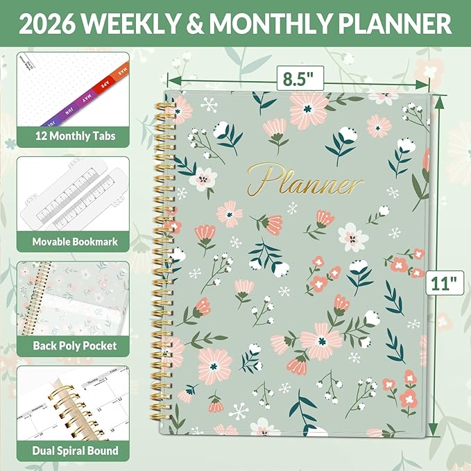 SUNEE 2026 Weekly and Monthly Planner - from January 2026 - December 2026, 8.5"x11" Daily Agenda Planner with Monthly Tab, Flexible Cover, Note Pages, Pockets, Bookmark, Green Wildflowers