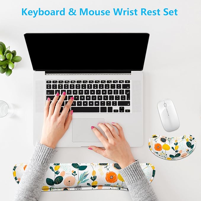 Dapesuom Enlarge Keyboard Wrist Rest, Memory Foam Wrist Cushion for Desk Mats Support, Typing Pain Relief Keyboard Mouse Pad Rests Set with Non-Slip Base for Gaming Laptop Computer, Flowers & Herbs