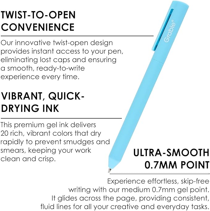 Grabie Retractable Colorful Gel Pens, Perfect for Vibrant Colored Writing and Sketching, Quick Dry Colored Gel Pens, 0.7 mm, Smooth Writing for Journaling and Note Taking， Pack of 20