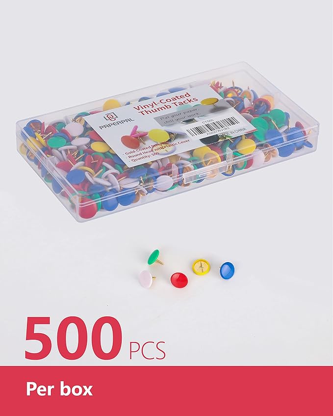 PAPERPAL 500 Vinyl-Coated Thumbtacks for Cork Board, Flat Thumb Tacks for Posters, Bulletin Board Tacks, Colorful Push Pins for Office School & Personal Use