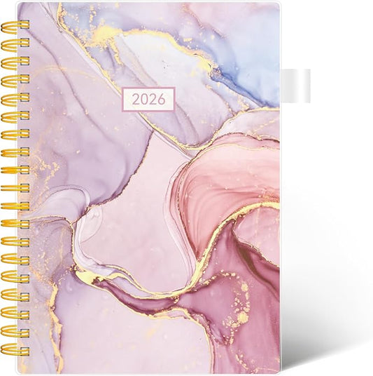 2026 Weekly and Monthly Planner, AIMPEAK 2026 Weekly Planner with Tabs, Jan. 2026 - Dec. 2027, Calendar Planner for Women, Pen Loop, Flexible Cover，Spiral Binding, Pink Marble, 10"x7"