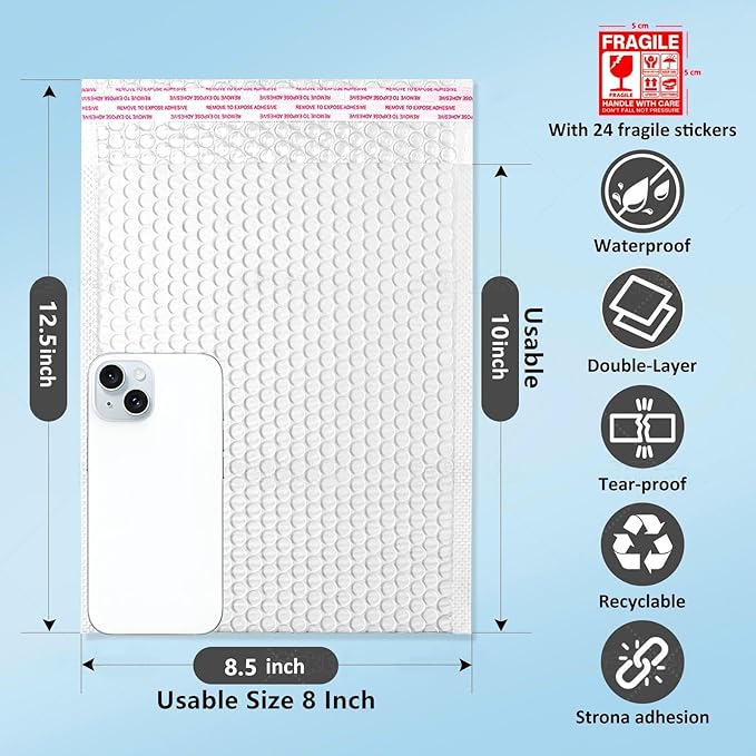 Bubble Mailers 8x12'' 100 Pack and 24PCS Fragile Stickers White Thick Waterproof Padded Poly Envelopes Bubble Wrap Mailers Self Seal Shipping Bags for Mailing Small Business Homes Envelope Mailers #2