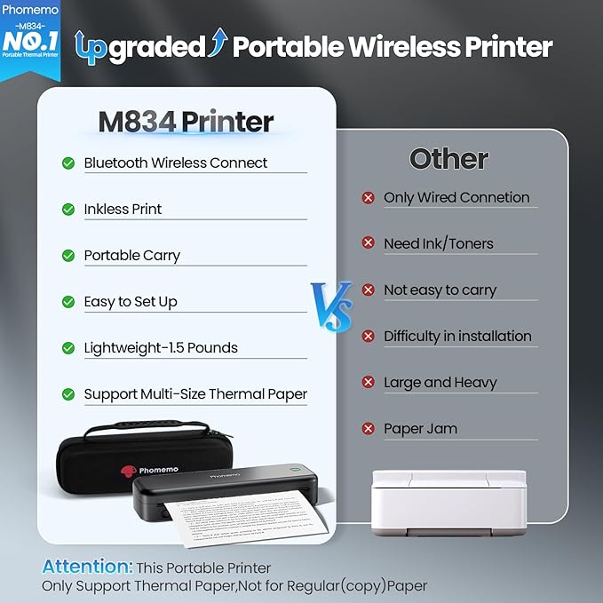Phomemo Portable Printers Wireless for Travel Upgraded, M834 Bluetooth Thermal Printer 8.5" x 11"& A4 Size,Inkless Mobile Printer with Carry Case for Travel,Office,School,Car,Home,Black