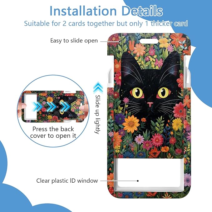 Lanyard with Id Holder, Black Cat Flower Badge Holder with Retractable Lanyard, ID Holder with Badge Reel Clips, Animal Keychain Name Tag Teacher Women Doctor Office Gift