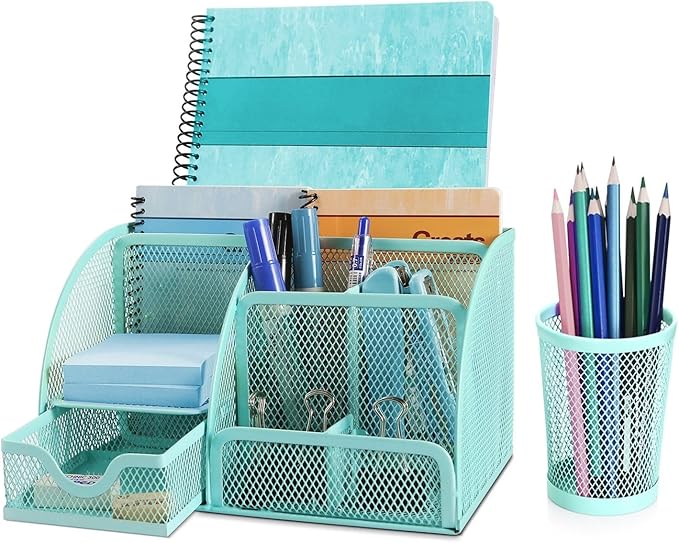 Flexzion Desk Caddy Organizer Set (Green) - Metal Mesh Desktop Caddy with Drawers, 6 Compartments, and Pencil Holder for Women & Men - Desktop Organizer and Storage for Work or Office Supplies