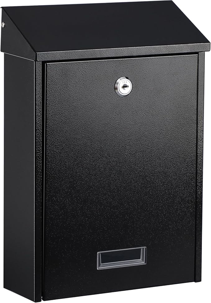 xydled Mail Boxes with Key Lock,Locking Mailbox Wall Mounted,Large Capacity,Steel Cover Metal Postbox for House, Black, 12.34''x8.5''x3''