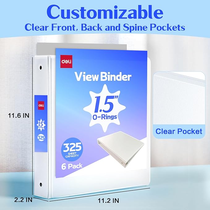 Deli 1.5-inch 3 Ring Binder with 2 Interior Pockets, 325 Sheets Capacity, 1.5 inch Binders fits 11" x 8.5" US Letter Size, White, 6 Pack