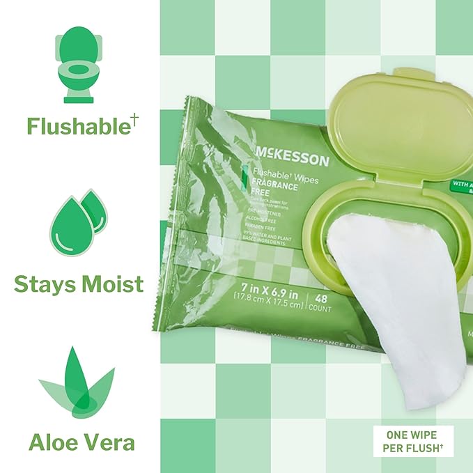 McKesson Flushable* Adult Wet Wipes – 576 Wipes (12 Pack of 48) – Aloe & Vitamin E, Plant-Based Cleansing Wipes, Unscented