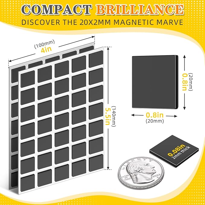 FINDMAG Magnetic Squares, Flexible Magnets with Adhesive Backing, 105Pcs Magnetic Tape for Crafts, Magnetic Strip for DIY Projects, Hanging & Organizing Light Objects (Each 20 x 20 x 2mm)
