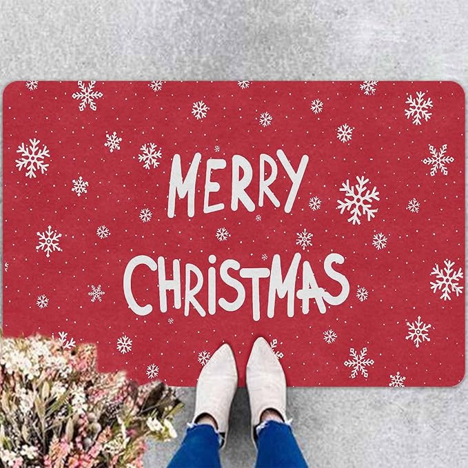 Christmas Door Mat for Indoor Outdoor Merry Christmas Snowflakes Welcome Mat Home Decor Non-Slip Rug Perfect for Front Door and Entryway Easy Clean, 16" x 24" Inch