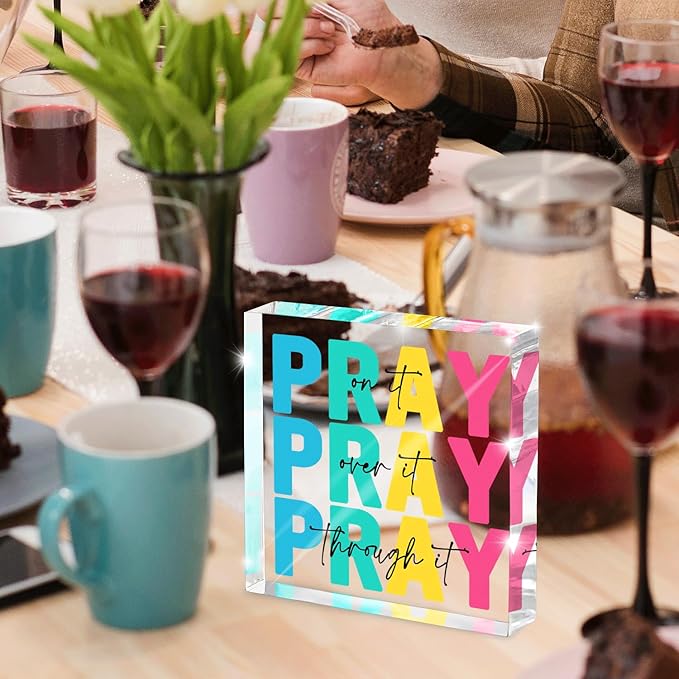 Multicolor Dorm Room Decor for Women, Office Decor for Women, Christian Gifts Desk Bedroom Bible Verse, Desk Decorations for Office, Pray on It Over It Through It, 4 x 4 inch