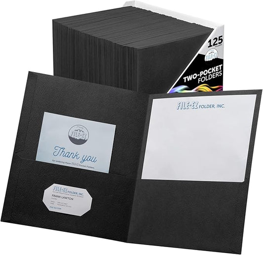FILE-EZ Two-Pocket Folders, Black, 125-Pack, Textured Paper, Letter Size (EZ-32405)