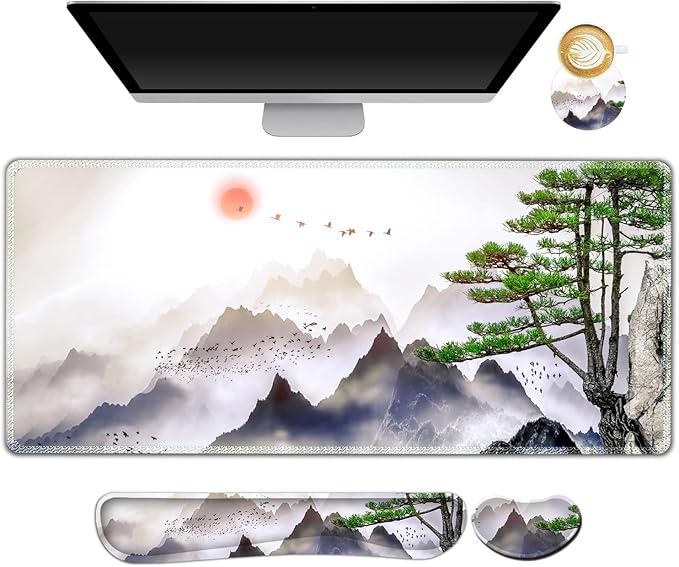 AIMSA Large Gaming Mouse Pad Set, Keyboard Wrist Rest Support + Extended Mouse Pad + Mouse Wrist Cushion + Coaster, Ergonomic Memory Foam Desk Mat 35x15.7in Anti-Slip Base (Pine Tree Mountains)