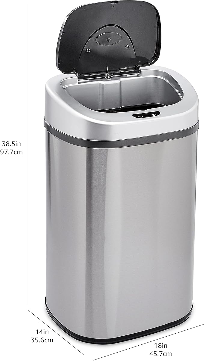 Amazon Basics Automatic Trash Can with Lid, Hands-Free, Stainless Steel, D-Shaped 80 l, 2 Bins
