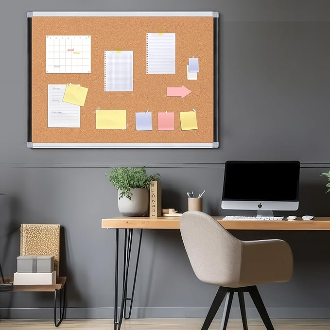 Board2by Large Cork Bulletin Board 36" x 48", Black/Sliver Aluminium Framed Corkboard, 4 x 3 Office Board for Wall Decor, Wall Mounted Notice Pin Board with 18 Push Pins for School, Home & Office