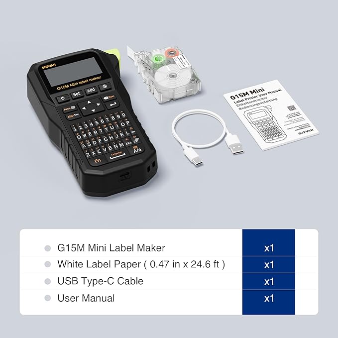 SUPVAN G15M Mini Portable Label Maker Machine with Tapes, Rechargeable 1200mAh Battery Thermal Transfer Printer, Compatible with Multi-Type Label, Home, Garage, Office & Outdoor