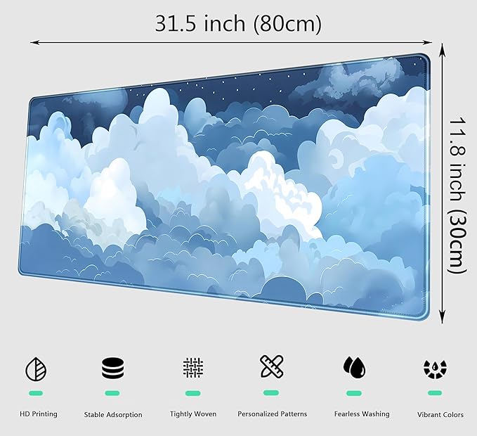 Desk Mat Blue and White Puffy Clouds Desk Pad Cute Gaming Mouse Pad XL Large Mousepad Anime Desk Matt for Desktop, Laptop Computer Keyboard Mouse Mat for Women Office Decor Accessories 31.5x11.8 in