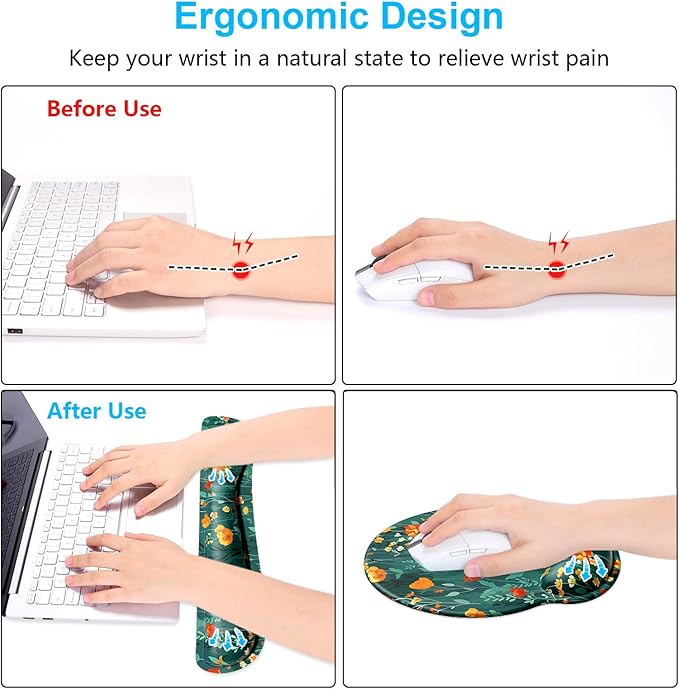 Dapesuom Keyboard Wrist Rest and Mouse Pad with Wrist Support, Cute Memory Foam Cushion for Keyboard and Mouse Set, Desktop Pad Rests with Non Slip Base for Easy Typing & Pain Relief, Forest Flowers