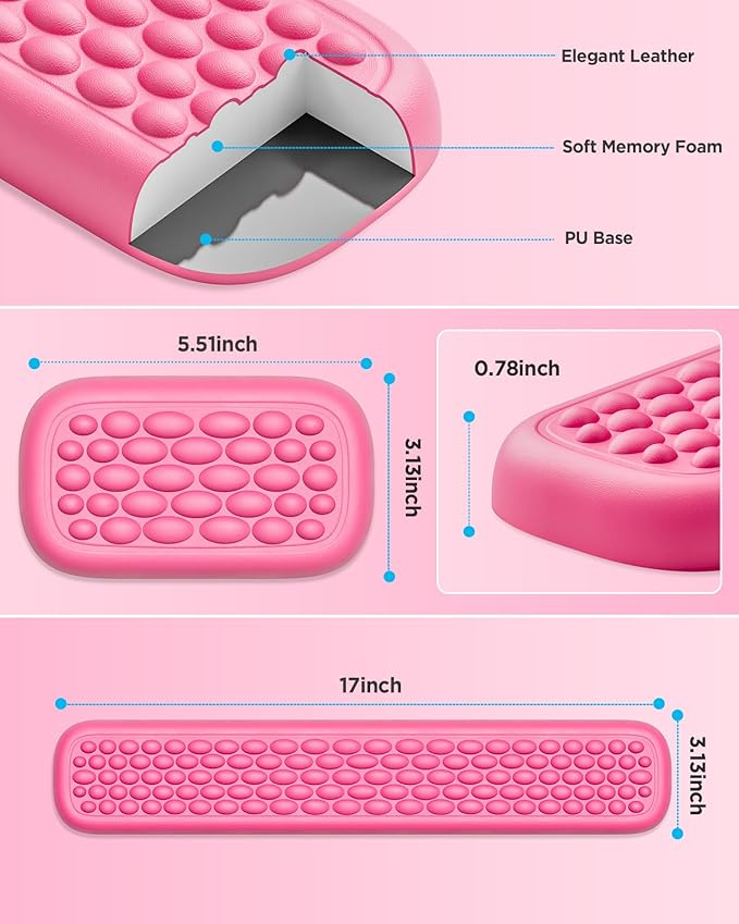 Lekvey Ergonomic Keyboard Wrist Rest - Memory Foam with Massage Points & Waterproof PU Leather Wrist Pad, Carpal Tunnel Support for Office Computer/Gaming, Typing Pain Relief, Easy-Clean（Rose Pink）