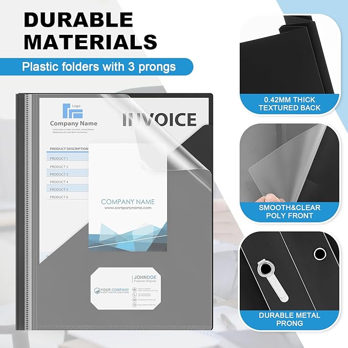 Teling 48 Pack Clear Front Report Covers with 3 Prongs Fasteners, 11.42 x 9.45 Inch Plastic Presentation Folders Bulk, 90 Sheet Capacity, Book File Covers for Office School Business, Black