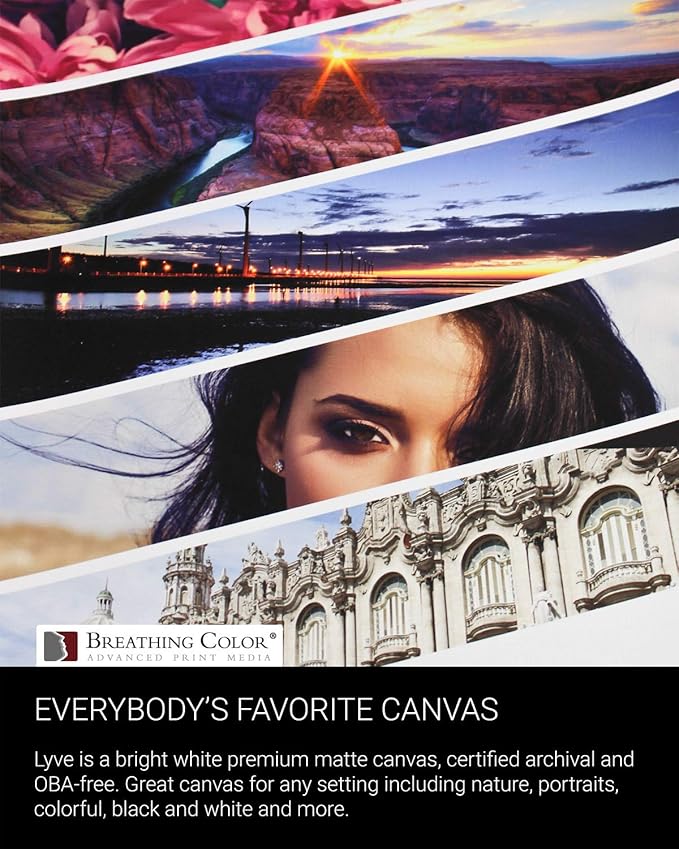 Premium Lyve Matte Canvas Paper Perfect For Use on Professional Makes and Models of Epson, Canon and HP printers preferred by Professionals. 19 mil textured Canvas offered in a 17 inch by 40 ft roll