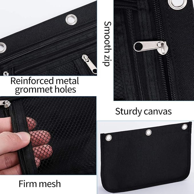 Sooez Pencil Pouch for Binder, Expandable Zipper Pencil Pouch, Fabric Pencil Pouches Binder Pockets, Large Capacity Binder Pouch, Pencil Case for 3 Ring, Black, 2 Pack