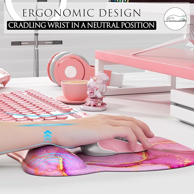 MROCO Ergonomic Mouse Pad with Gel Wrist Rest, Comfortable Mousepad with Smooth Wrist Support Surface and Non-Slip PU Base for Pain Relief, Computer, Laptop, Office & Home, 9.4 x 8.1 in, Pink Marble