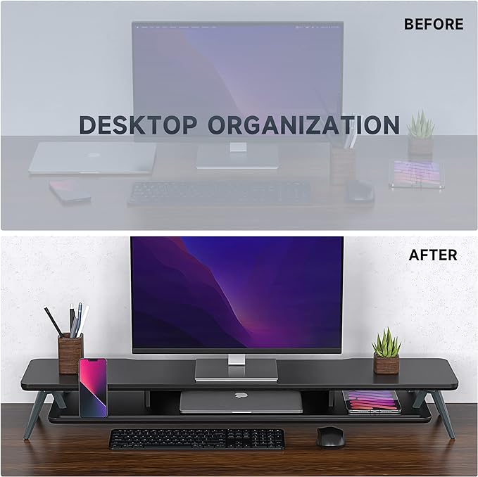 Fenge Dual Monitor Stand, Monitor Stands Riser for 2 monitors, 42.5 Inch Wood Desk Shelf with Storage Organizer and Cable Management for Office Desk Accessories