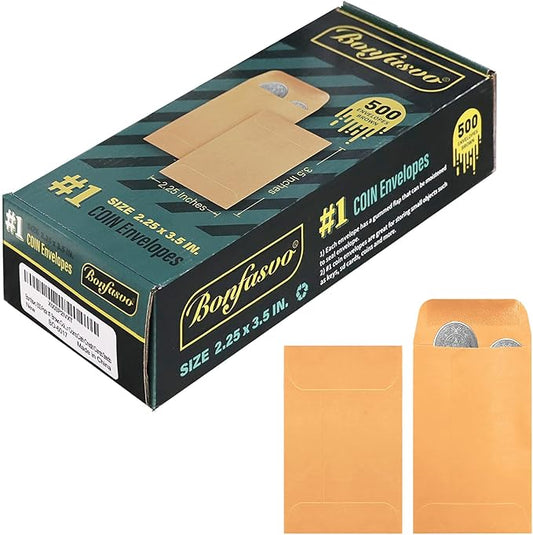 500 Pack #1 Brown Coin Envelope 2.25 X 3.5 inches Kraft Envelopes Classic Small Parts Envelopes with Self Adhesive Gummed Flap for Coins Cash Credit Cards Seeds