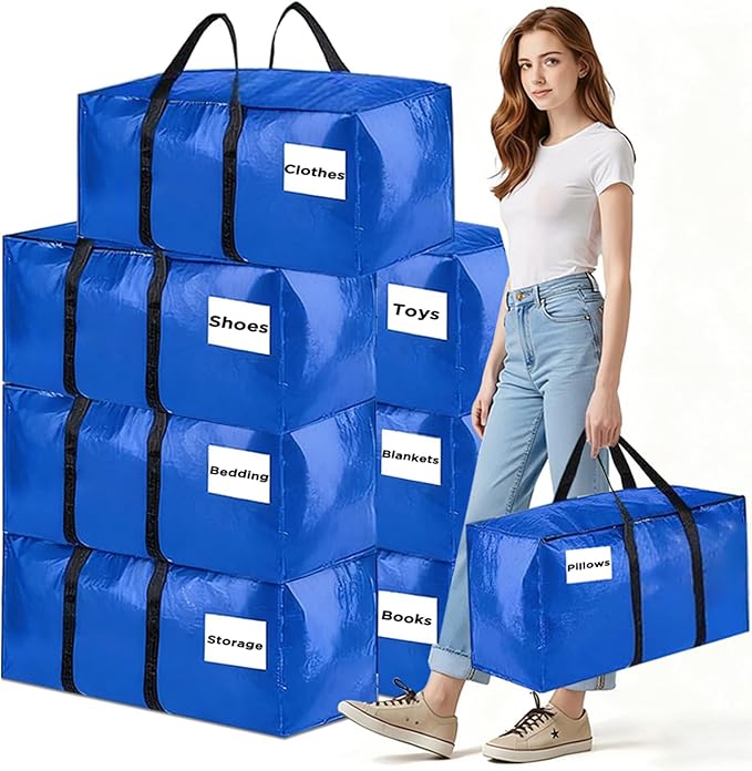 Extra Large Moving Bags Heavy Duty Storage Bags with Zipper Handles, BETU 8 Pack Clothes Storage Totes Bins Packing Moving Boxes, Moving Supplies for College Dorm Essentials, Space Saving, Blue