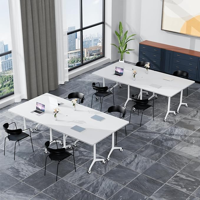 Folding Conference Table, Modern Large Conference Room Tables with Flip-Top Design, Foldable Conference Table Meeting Table with Wheels, Mobile Seminar Training Tables for Office Classroom (2, White)