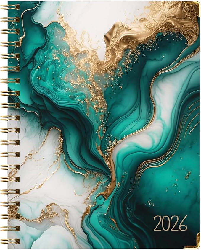 HARDCOVER 2026 Planner, 7"x9": 14 Months (November 2025 - December 2026), Daily Weekly Monthly Planner, Yearly Agenda, Bookmark, Pocket Folder and Sticky Note Set (Teal Gold Marble)